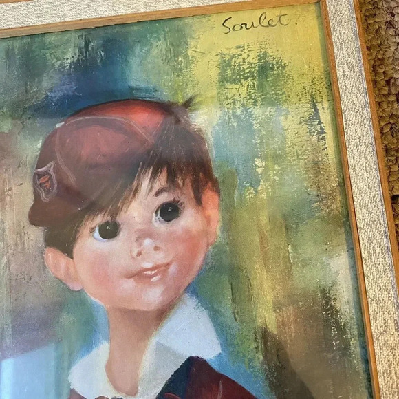 Francoise Soulet “Augustus” 1960’s Framed Print Smiled Wide Eyes Boy With Hat - Picture 5 of 7